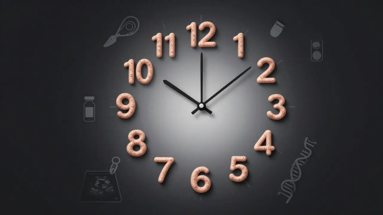 Hodiny s ovulací jako ručičkami, symbolizující vztah mezi věkem a rezervou vaječníků.