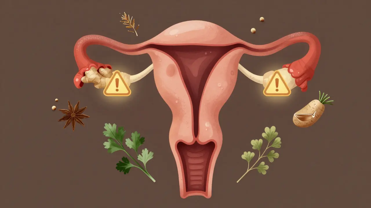 Ilustrace dělohy s varovnými značkami kolem nebezpečných bylin a ochrannými prvky bezpečných koření.