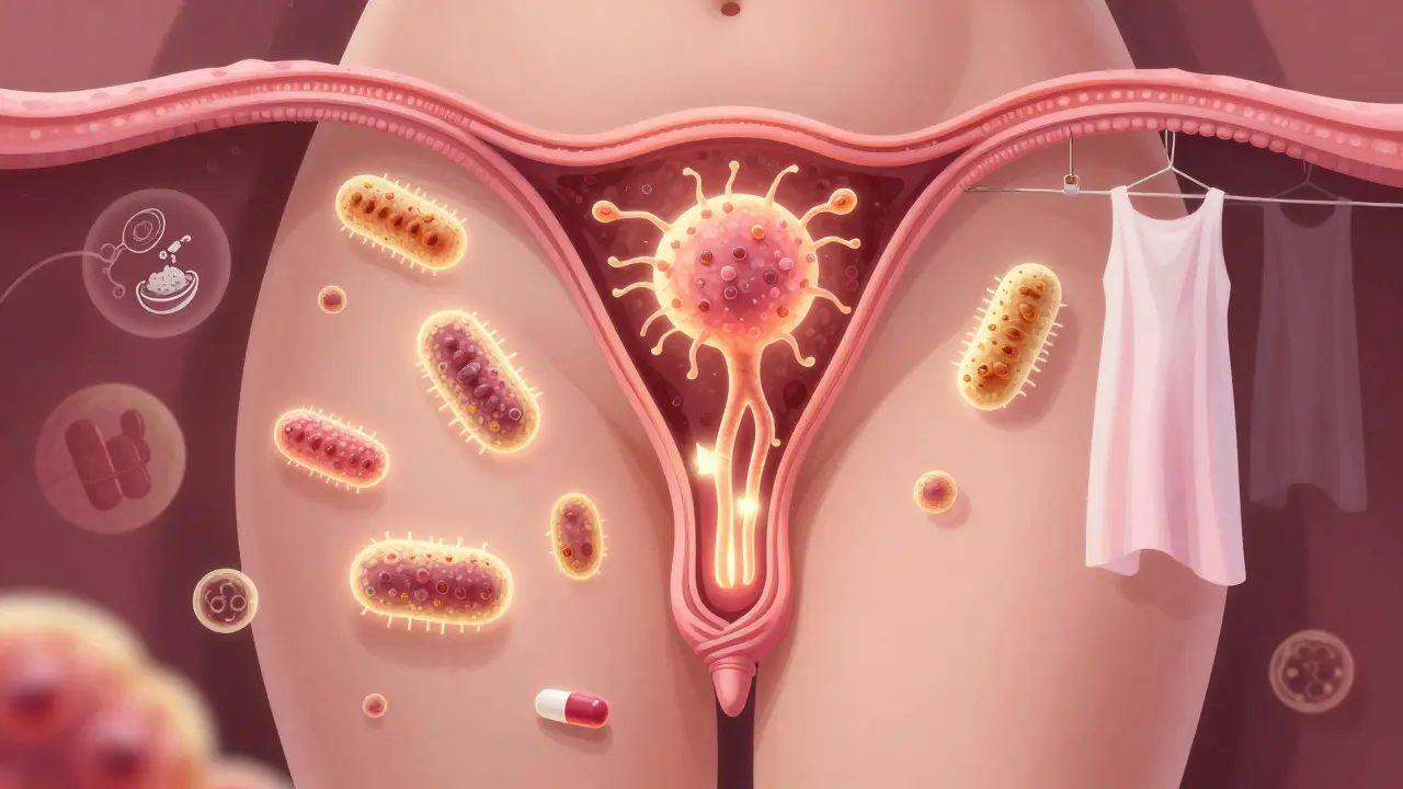 Ilustrace rovnováhy mikroflóry pošvy s prospěšnými bakteriemi a potlačenou kvasinkou.