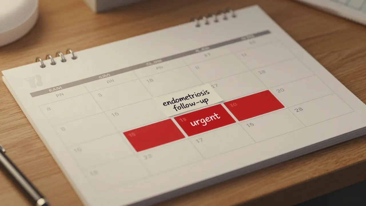 Kalendář gynekologa plný zápisek s jen několika volnými časy, zvýrazněné urgentní případy červenou barvou.