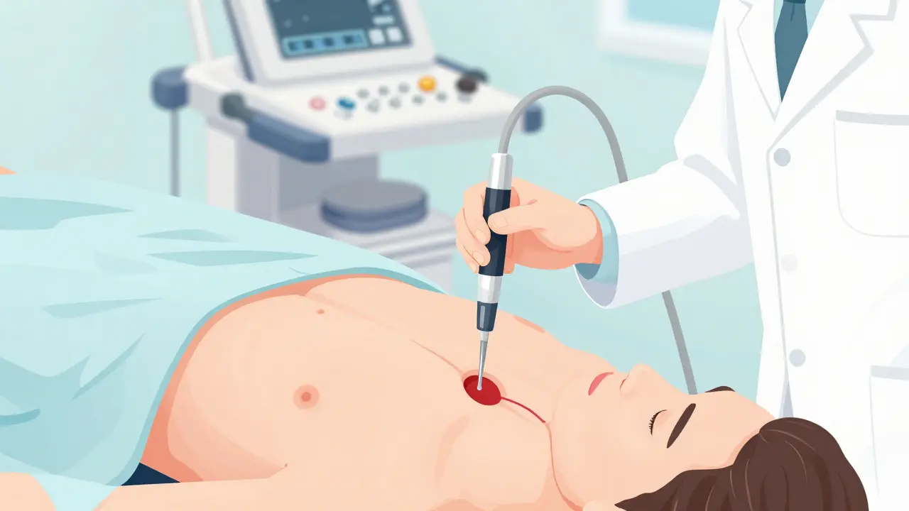 Lékař provádí cystoskopii pacientovi.