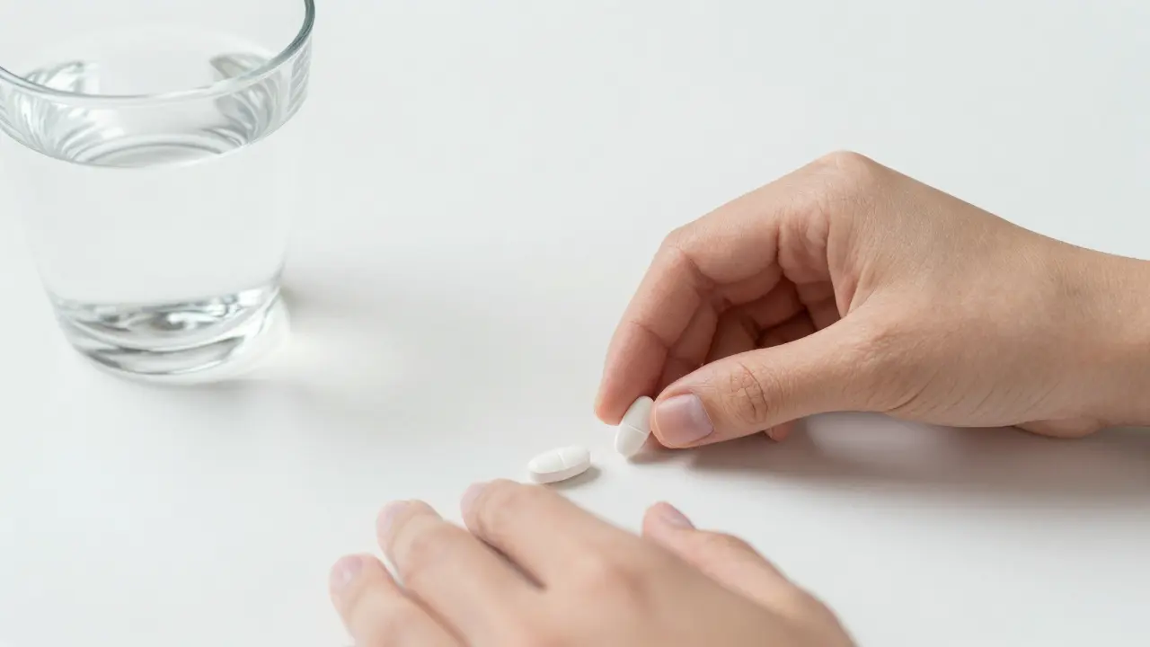 Léky pro medikamentózní potrat na stole s vodou, blízký pohled.