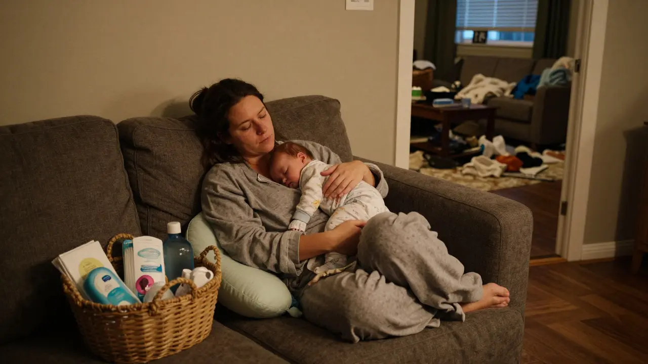 Máma doma na první den po výpisu z nemocnice klidně kojí své dítě na pohovce.