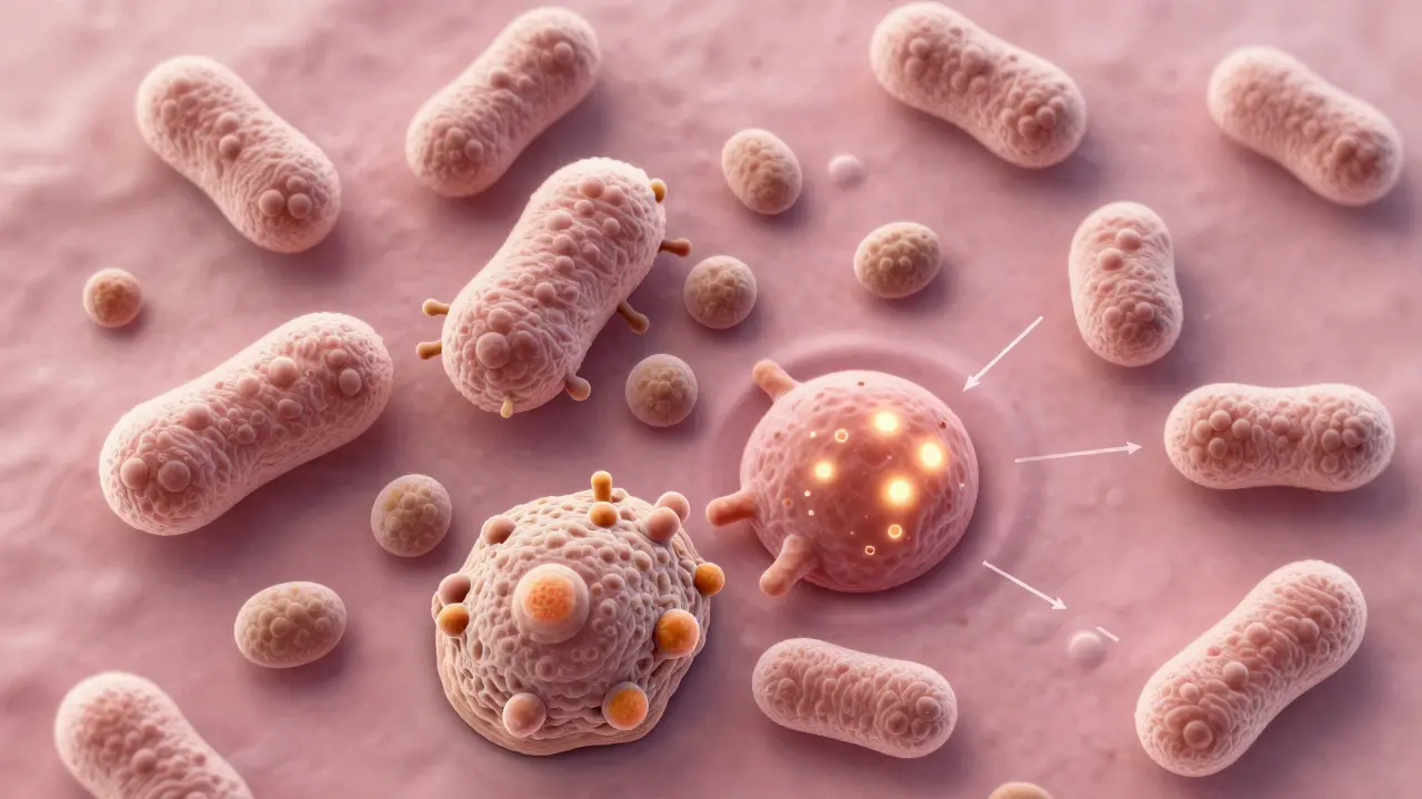 Mikroskopický pohled na přebytek houby Candida a zdravé bakterie Lactobacillus.