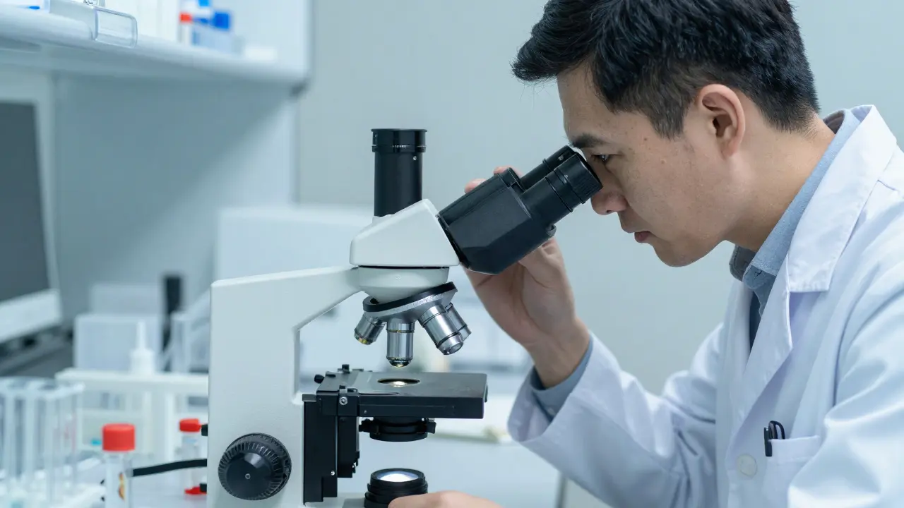 Muž zkoumá mikroskop se vzorky spermií v laboratoři