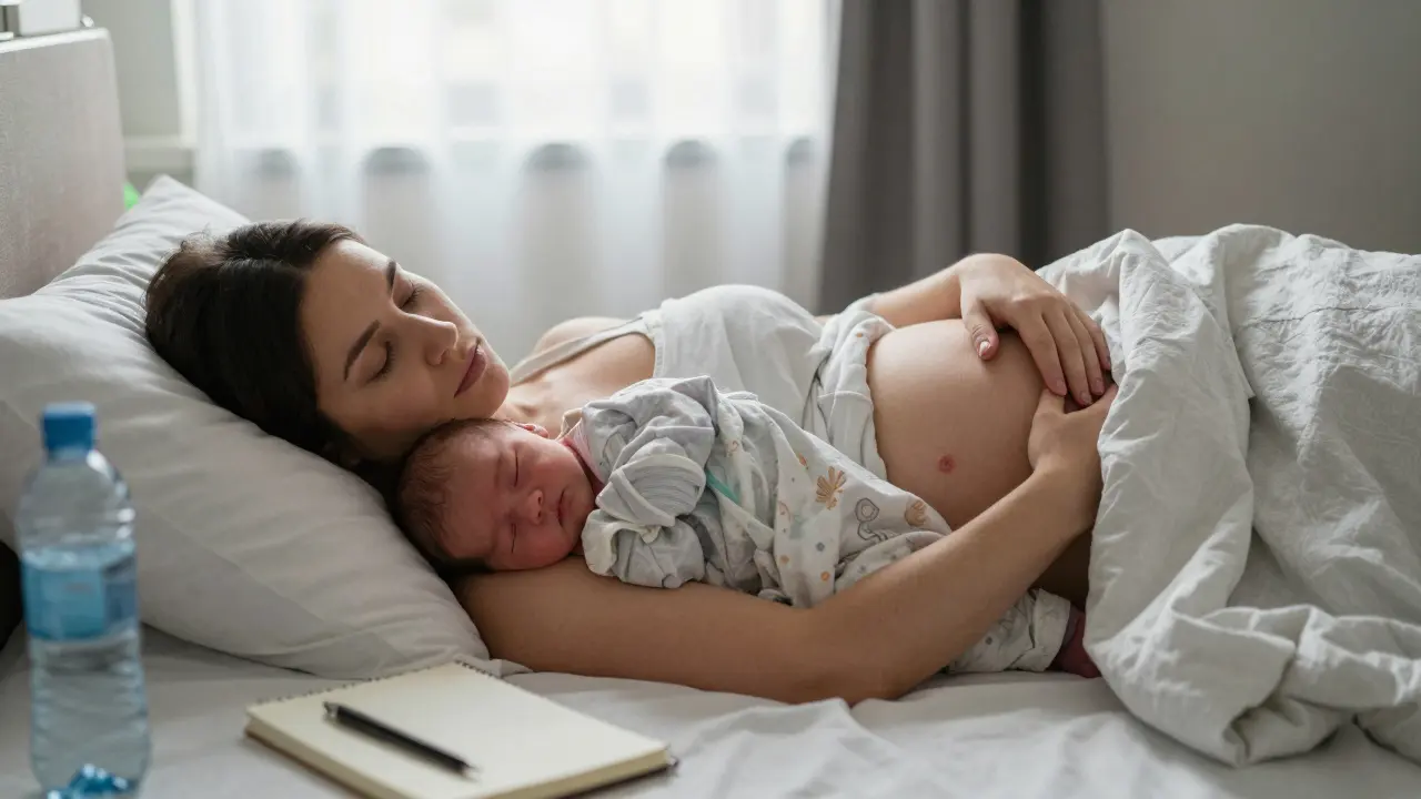 Novorozenecká matka odpočívá v posteli s dítětem vedle sebe, tvář vyprázdnená, ale klidná.