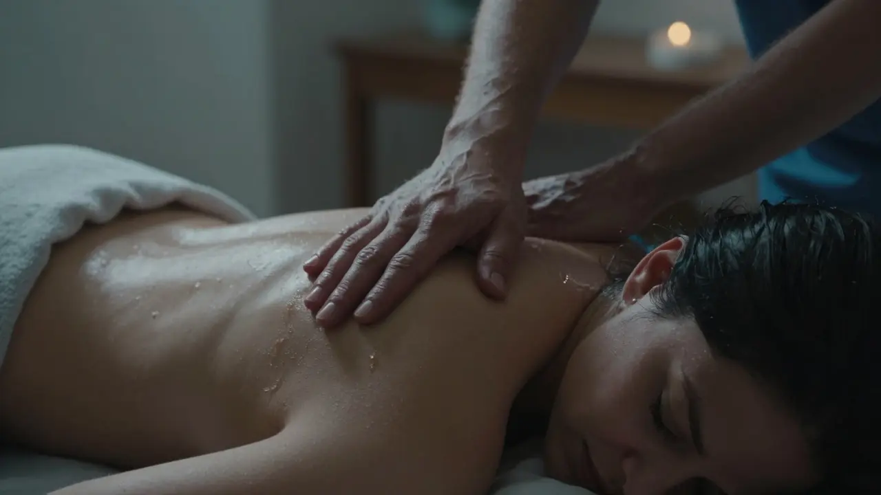 Partner masíruje záda porodící ženy, v pozadí teplé osvětlení a klidné prostředí.