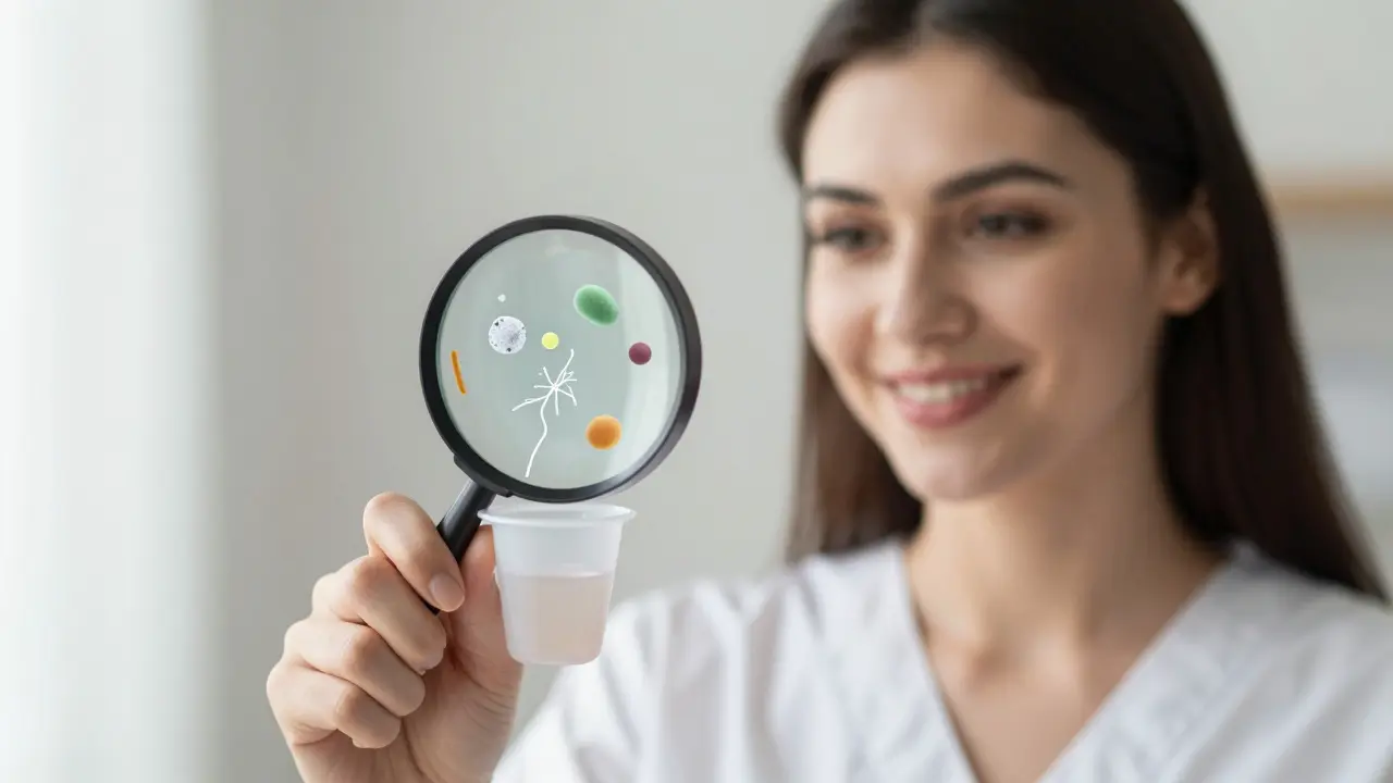 Pohled do moči pod lupou, kde jsou vidět bakterie a krystaly.