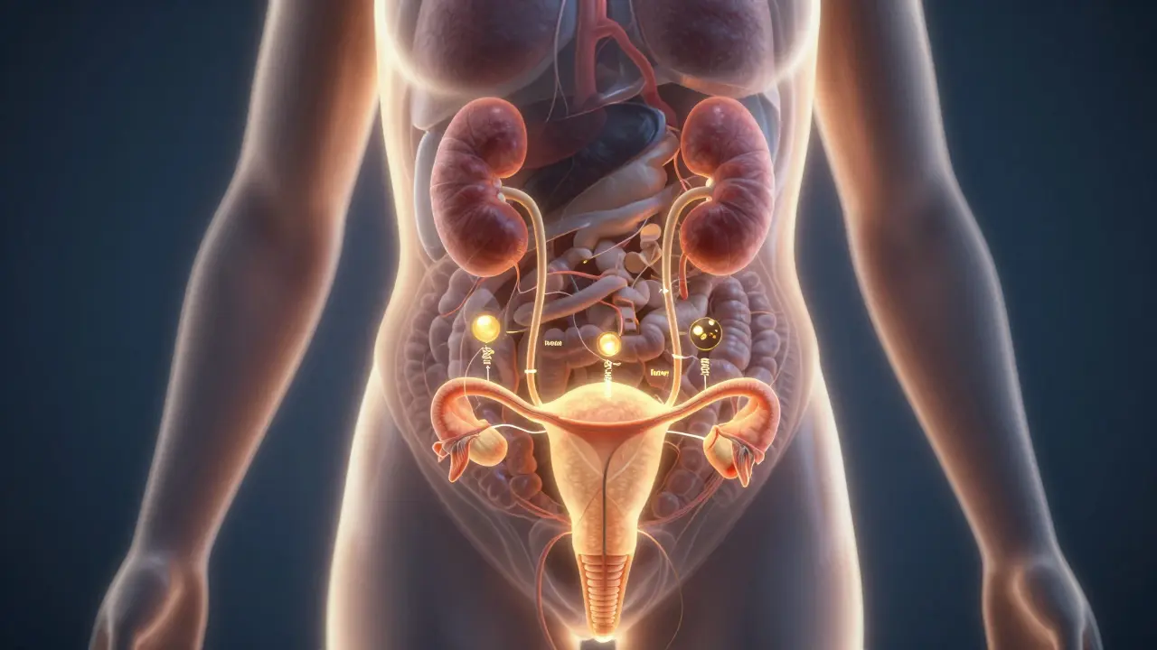 Průhledný obraz těla s vyznačenými ukazateli v moči jako zlaté symboly.