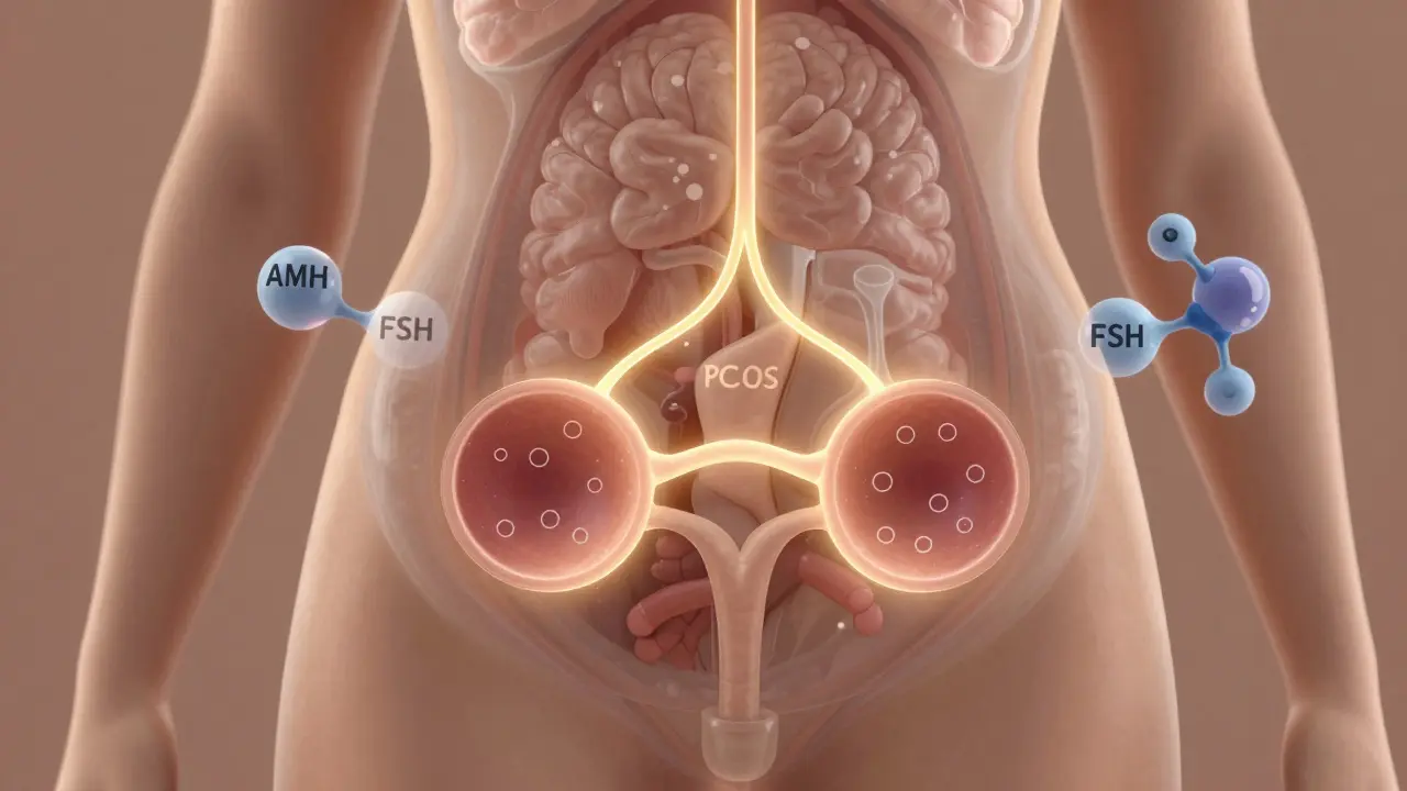 Průhledný pohled na vaječníky s folikuly a hormonálními molekulami v kontextu ženského těla.