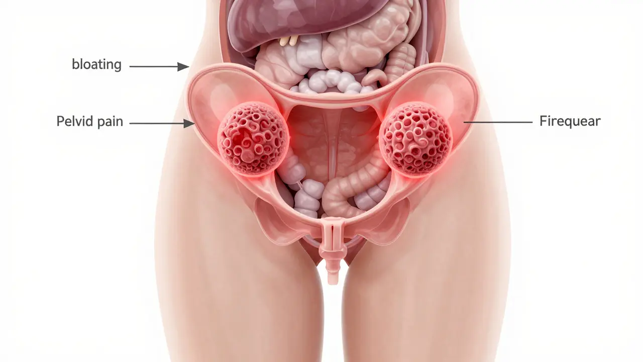 Průřez pánve s výrazně zvětšenými vaječníky obsahujícími nádorové masy a tlakem na okolní orgány.