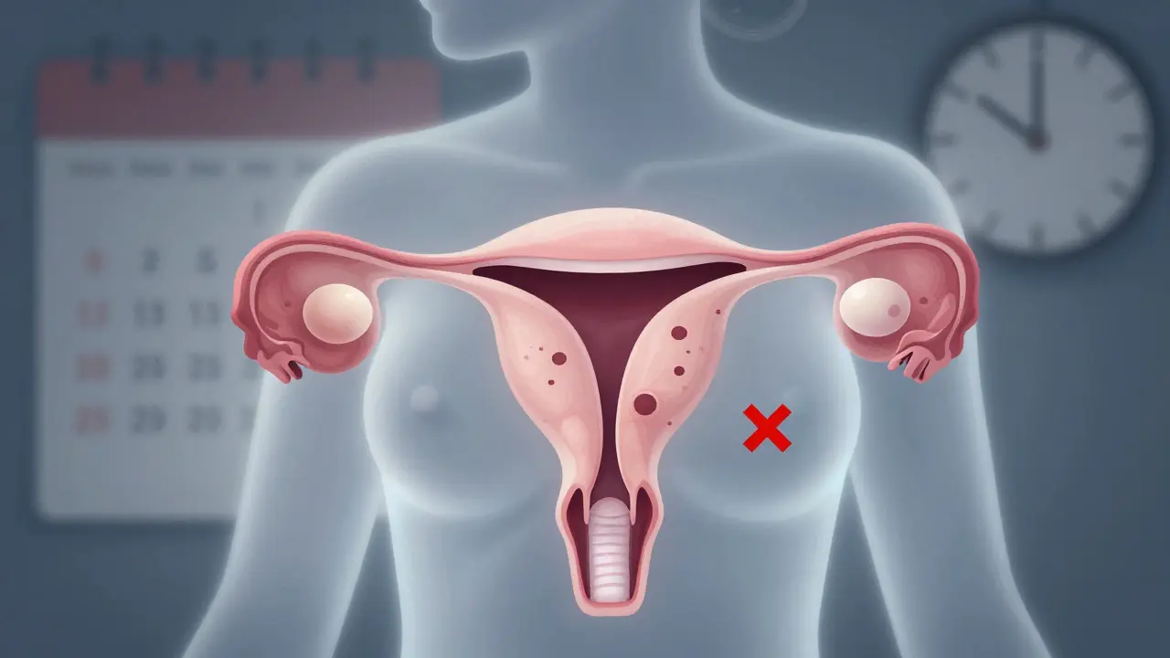 Průřez vaječníkem s jedním zralým folikulem a mnoha nezralými, symbolizující PCOS.