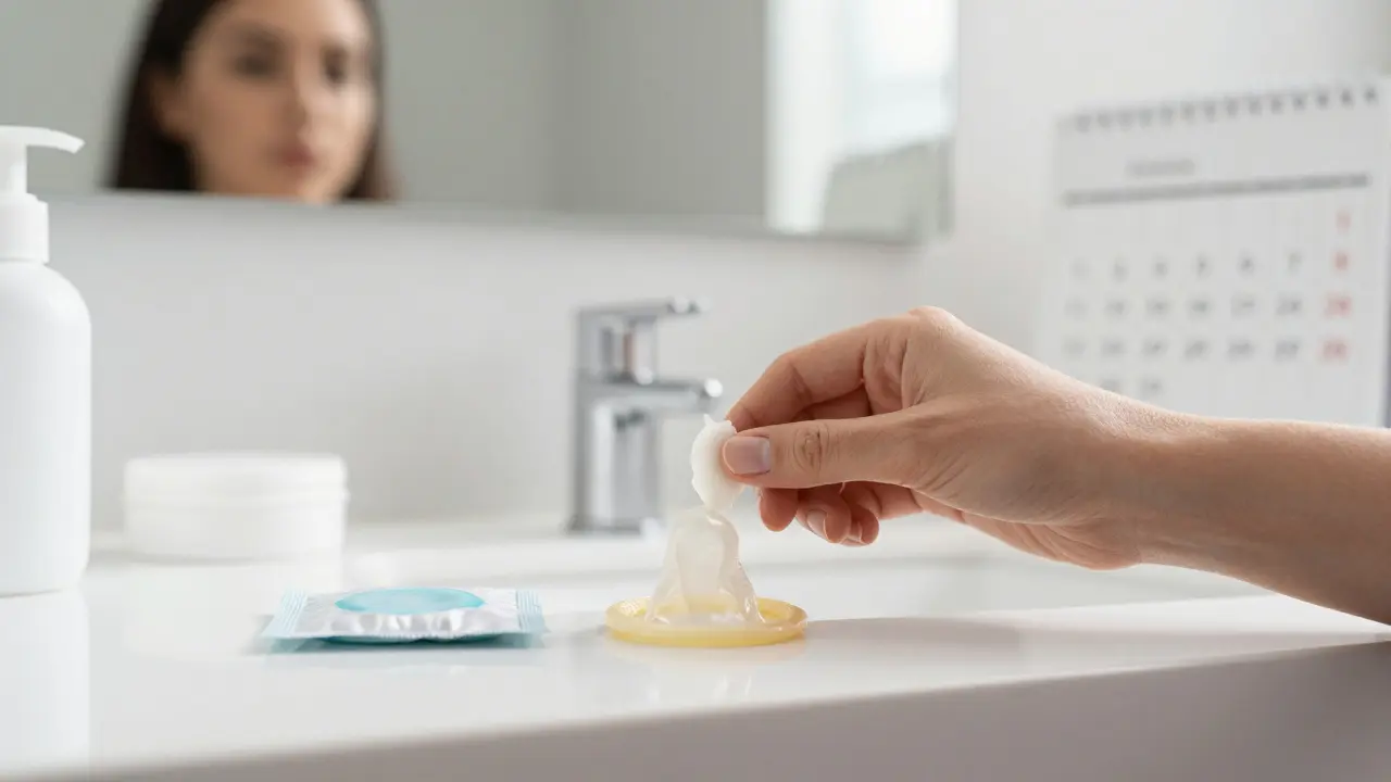 Ruka ženy klade tampon a kondom na umyvadlo, v zrcadle je její odhodlaný výraz.