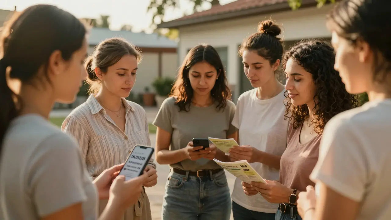 Skupina žen se podporuje v klidném prostoru, jedna drží telefon, druhá leták.