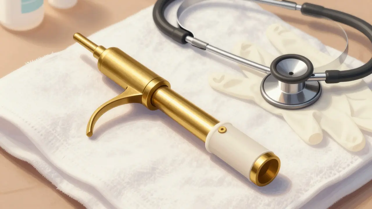 Sterilní vaginální zrcátko (speculum) leží na bílé ručníku vedle jednorázových rukavic.