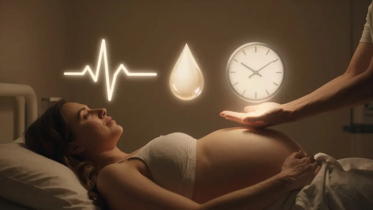 Symbolická scéna porodu s prvky jako srdcový tep, kapka vody a podpora.