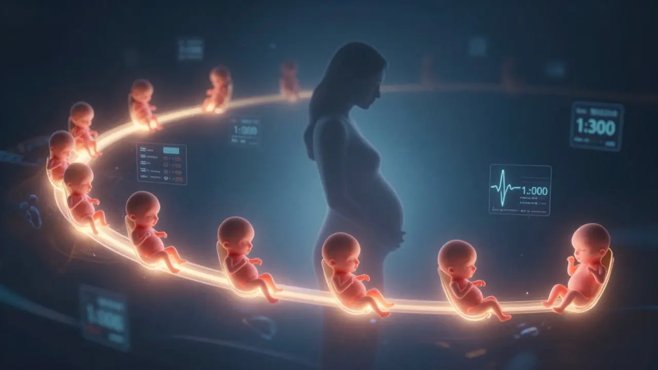 Symbolické znázornění vývoje plodu v 11.–14. týdnu s ukazateli rizika chromozomálních vad.