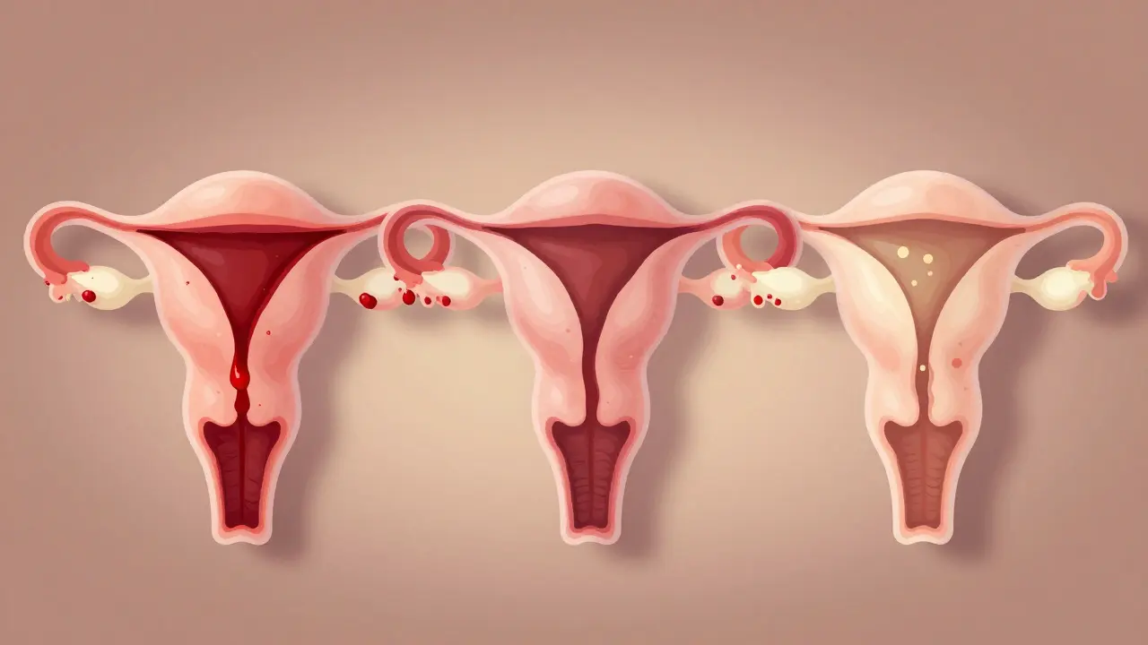 Tři fáze očistek po porodu: červená, růžová a světle žluto-bílá