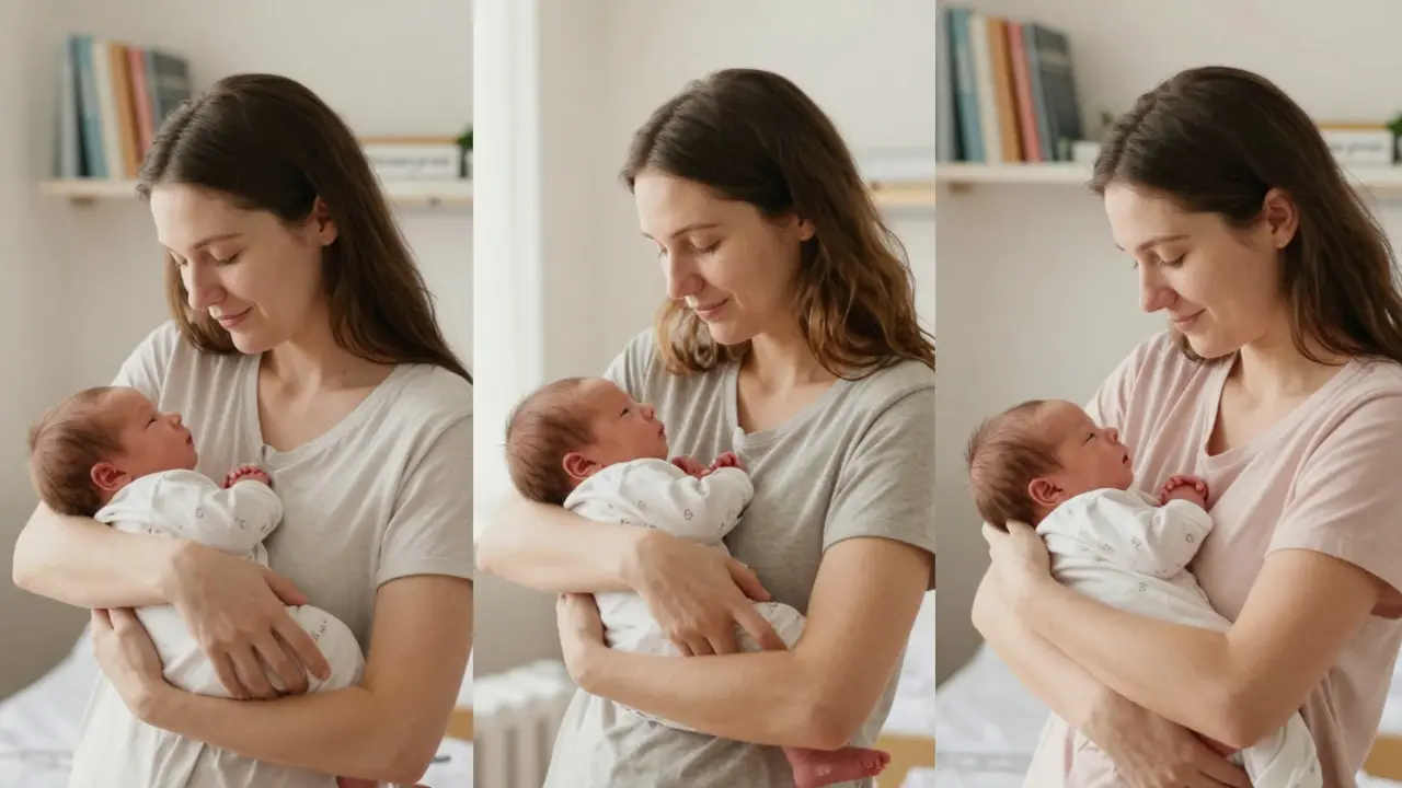 Tři matky s novorozenci v porodnici, každý v jiném týdnu těhotenství — 38, 39 a 41 týden, klidná atmosféra.