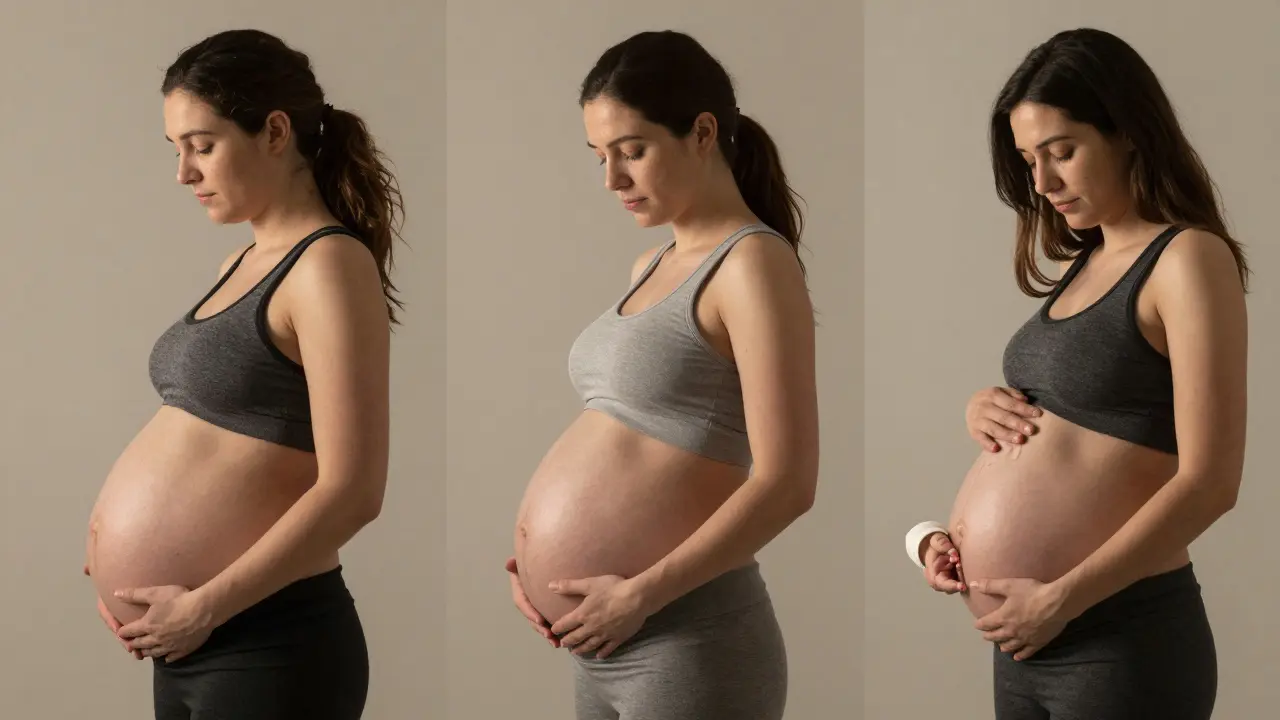 Tři těhotné ženy v různých fázích těhotenství, znázorňující individuální čas sestupu miminka.