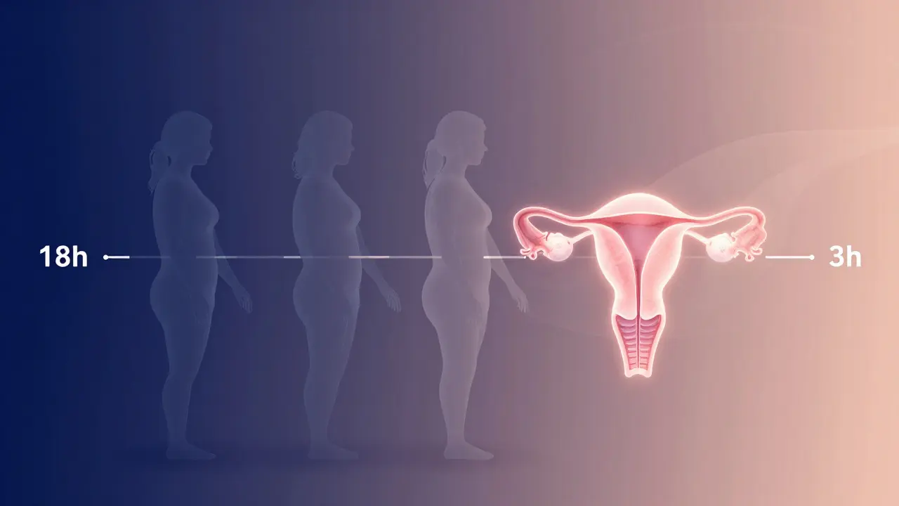 Tři transparentní siluety porodů s různou délkou: první pomalý, druhý střední, třetí rychlý, s pulsující dělohou.