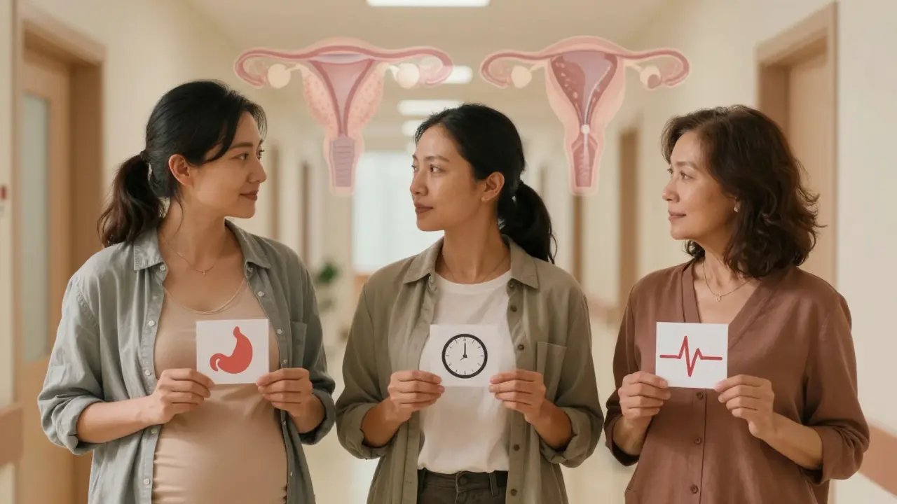Tři ženy různých věkových skupin stojí spolu v klinice, symbolizující povědomí o příznacích rakoviny vaječníků.