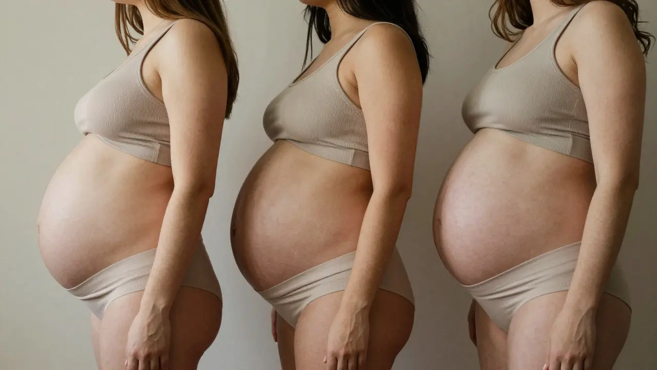 Tři ženy v různých stádiích těhotenství — 12., 16. a 20. týden — ukazující různé tvary bříška.