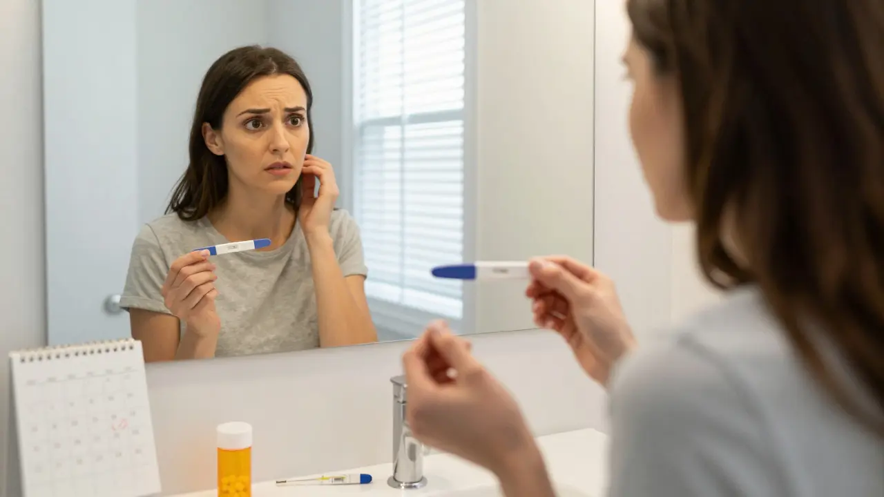 Žena hledí do zrcadla, drží těhotenský test s jednou čárou na stole.