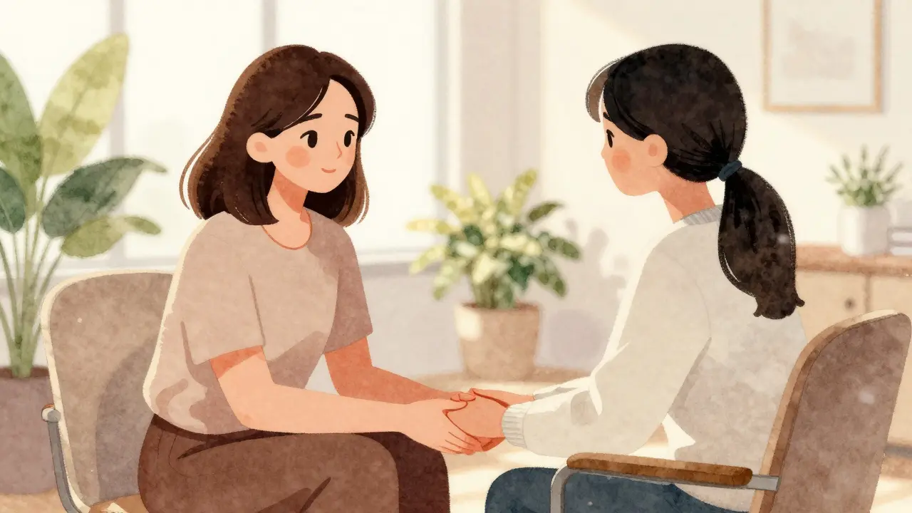 Žena konzultuje s poradkyní pro psychologickou podporu v klidné místnosti.