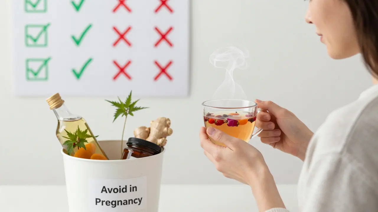 Žena pije bezpečný bylinný čaj a odstraňuje nebezpečné přípravky, na pozadí označená koření.