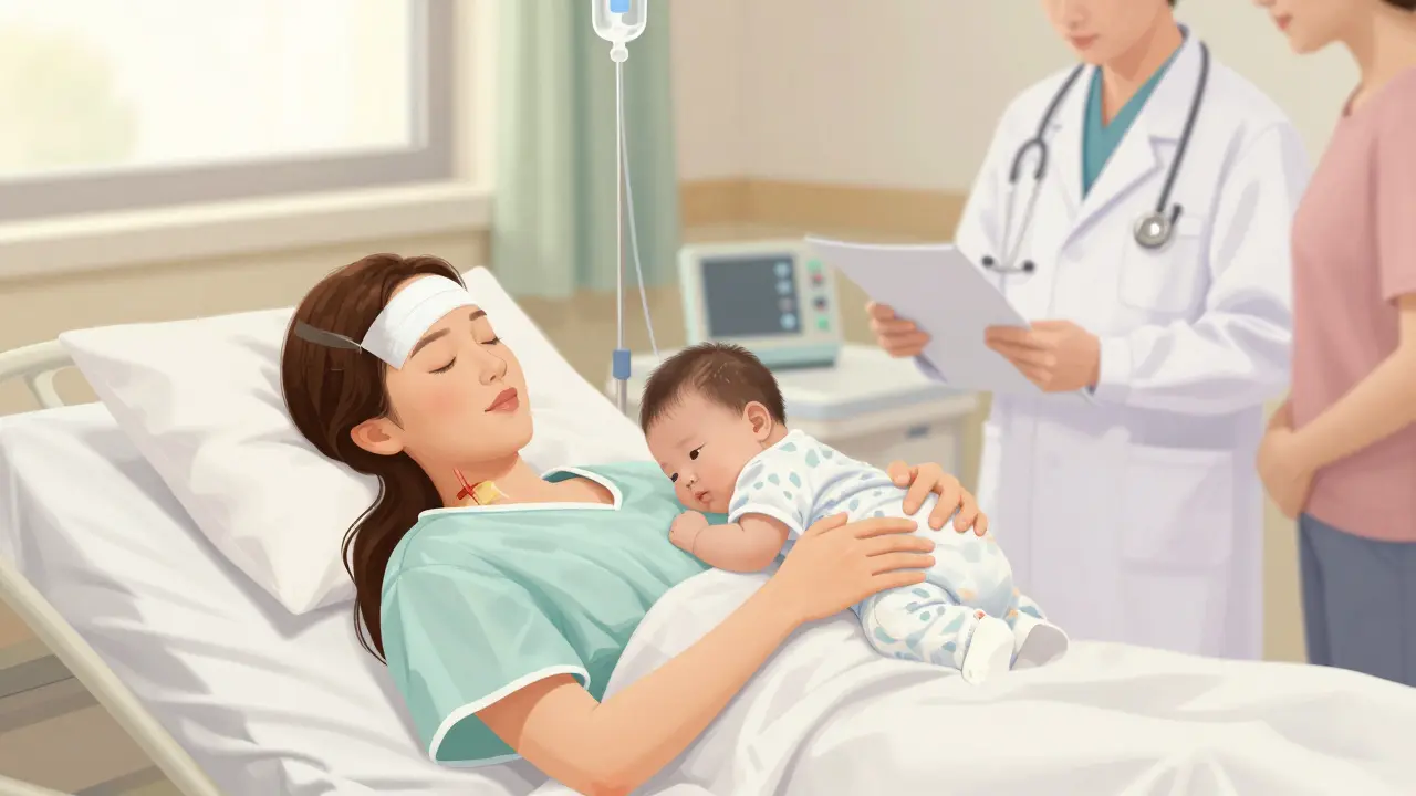 Žena po císařském řezu odpočívá v nemocnici, drží novorozence, lékař sleduje její zotavení.