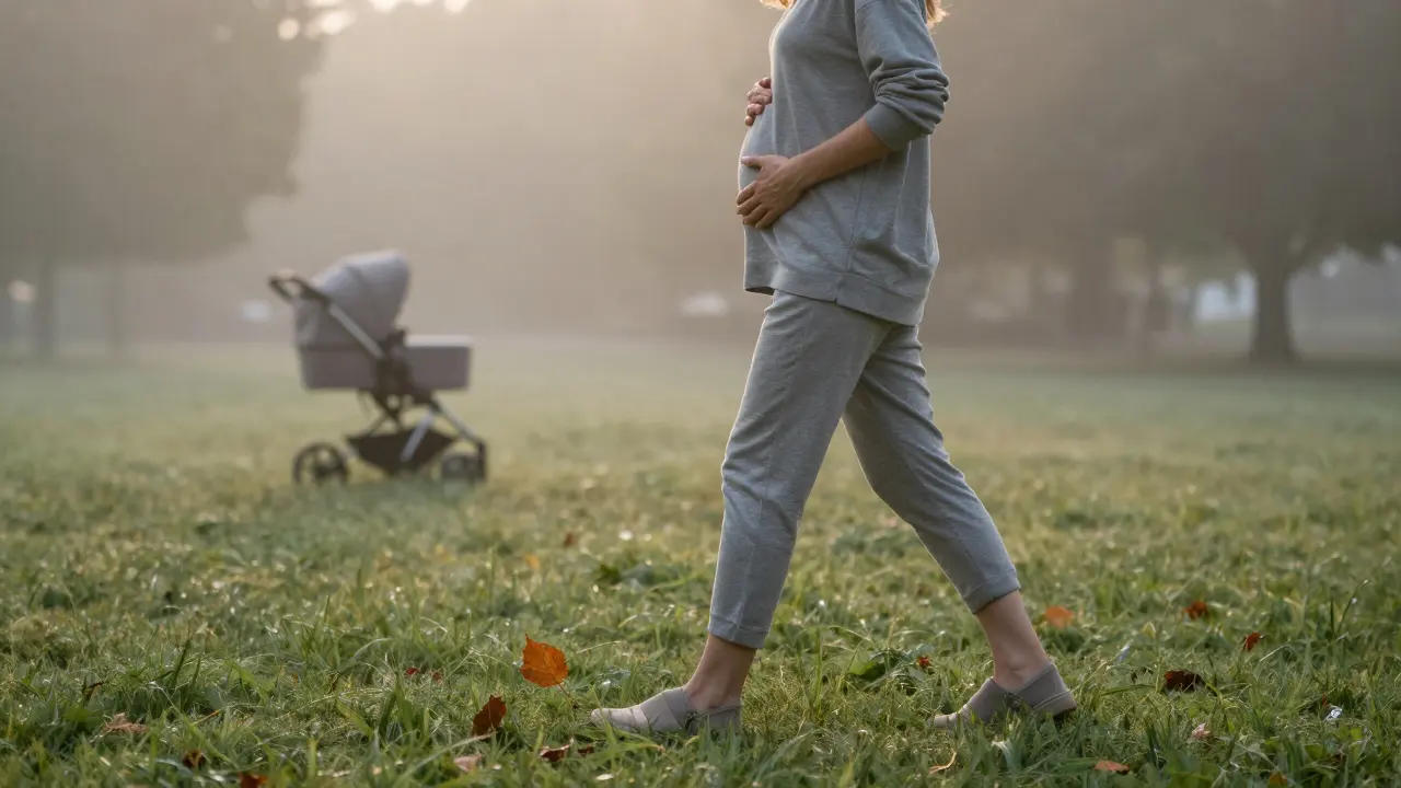 Žena se prochází v ranní mlze, symbolicky zotavující se po porodu