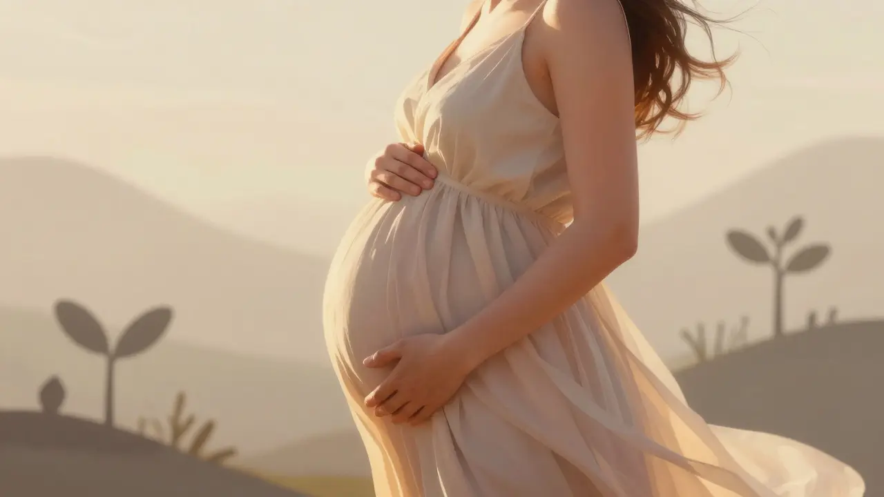 Žena v 18. týdnu těhotenství s přirozeně zakřiveným bříškem, osvětlená teplým slunečním světlem.