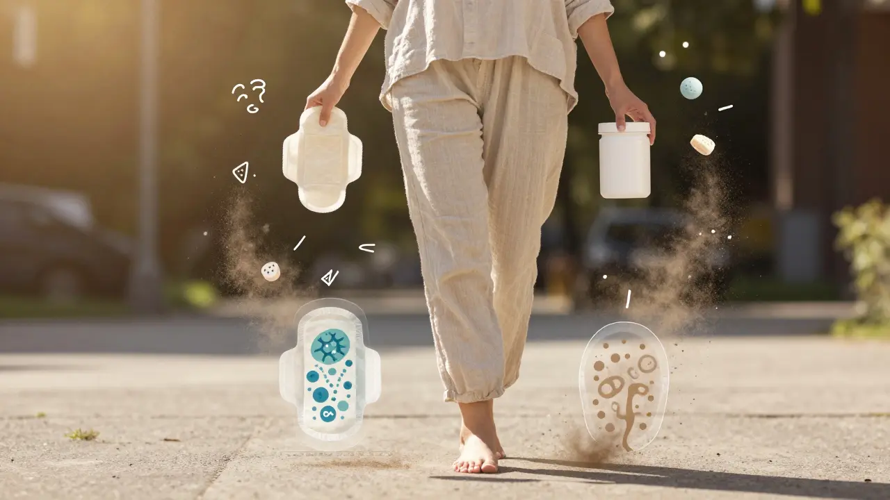 Žena v bavlněném oblečení jde sluncem s probiotiky, za ní zanikají znaky stresu a cukru.