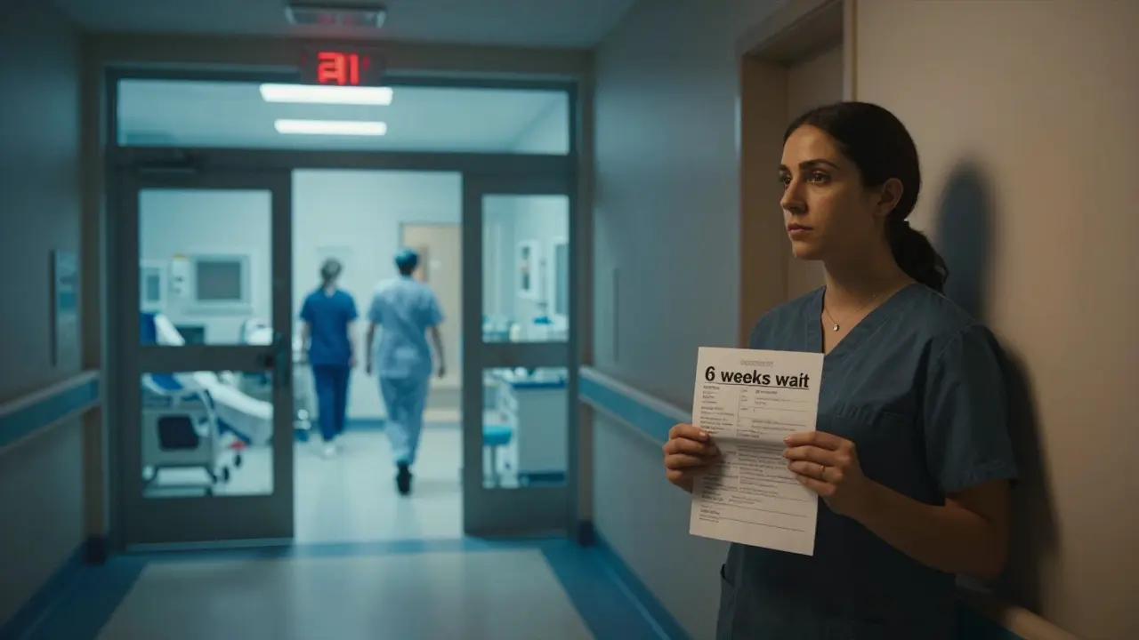 Žena v nemocniční chodbě s nápisem '6 týdnů čekání', za ní zářící jednotka pro nouzové případy.