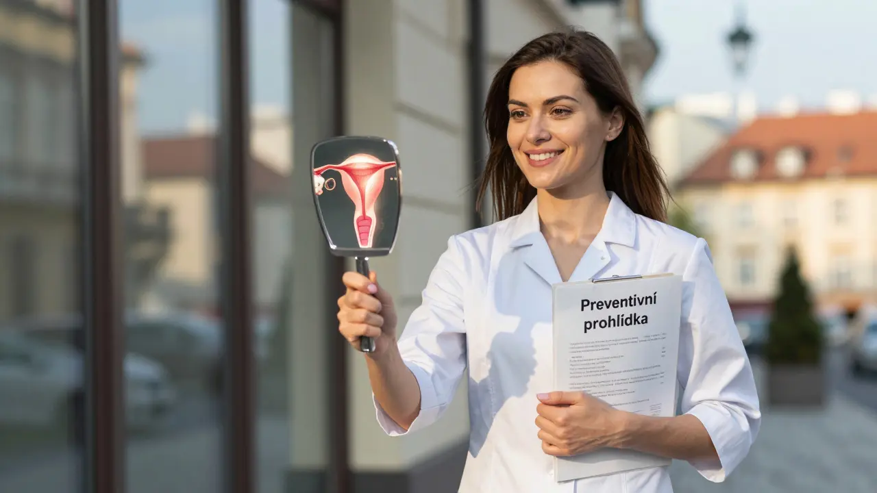 Žena vychází z kliniky s úsměvem, zrcátko v ruce odrazuje zdravý ženský orgán.