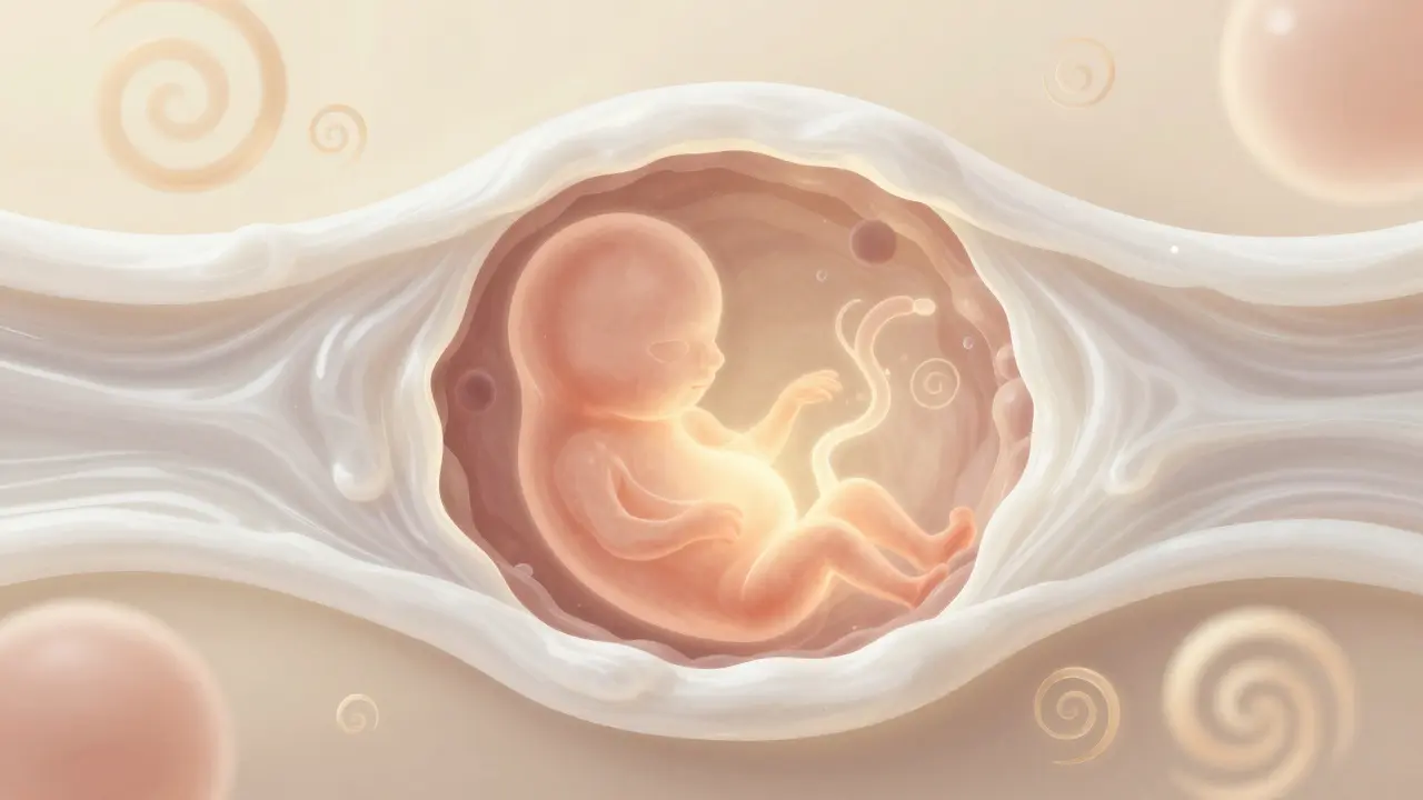 Bílý hlen tvoří ochrannou bariéru kolem embrya v děloze, symbolizující přírodní ochranu těhotenství.