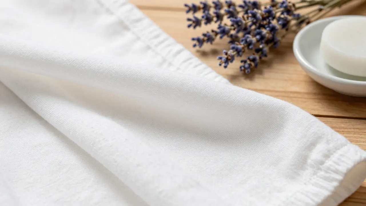 Detail bavlněného prádla s bylinami při denním světle.