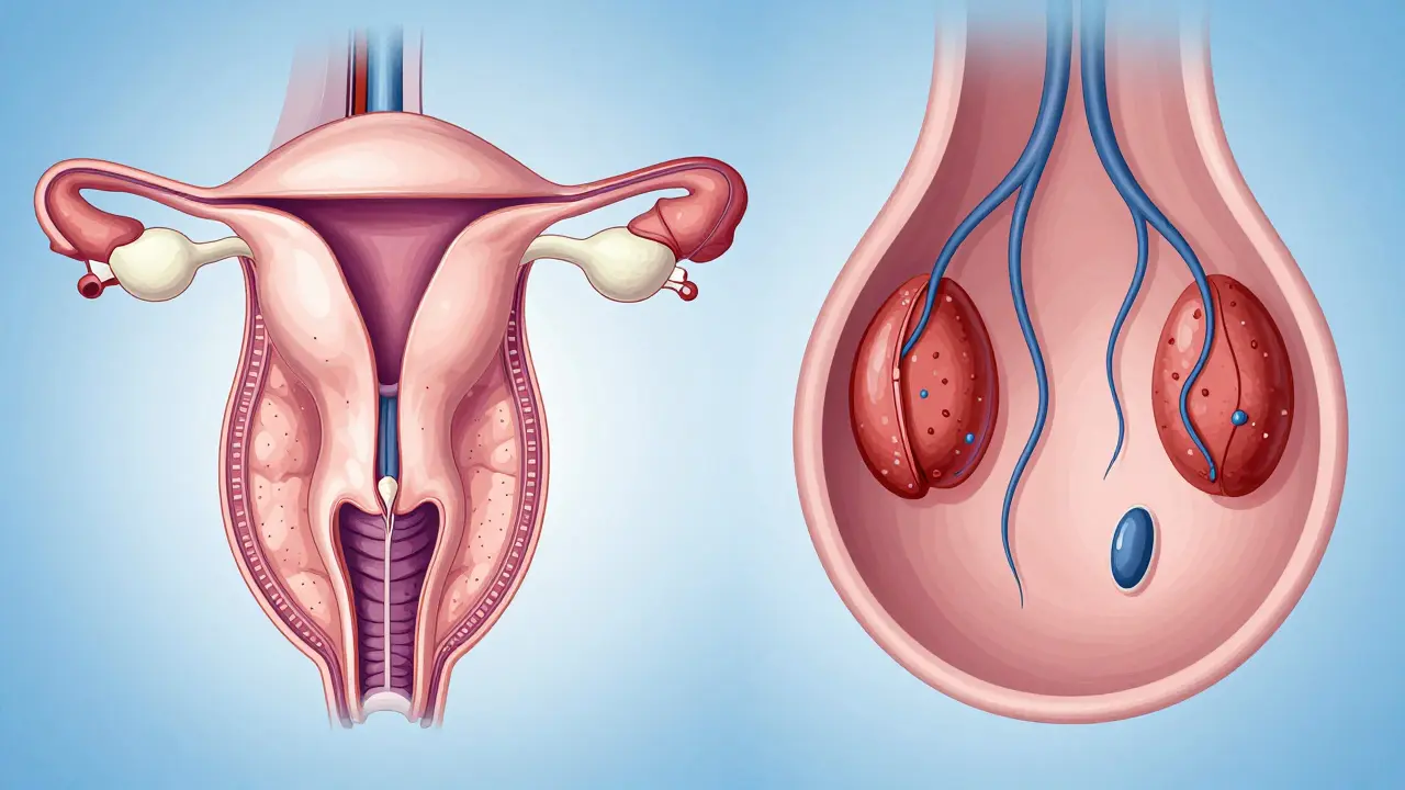 Dvě části ilustrace: ženské vaječníky s endometriózou a mužská varlata s varikokéle, vědecký styl.