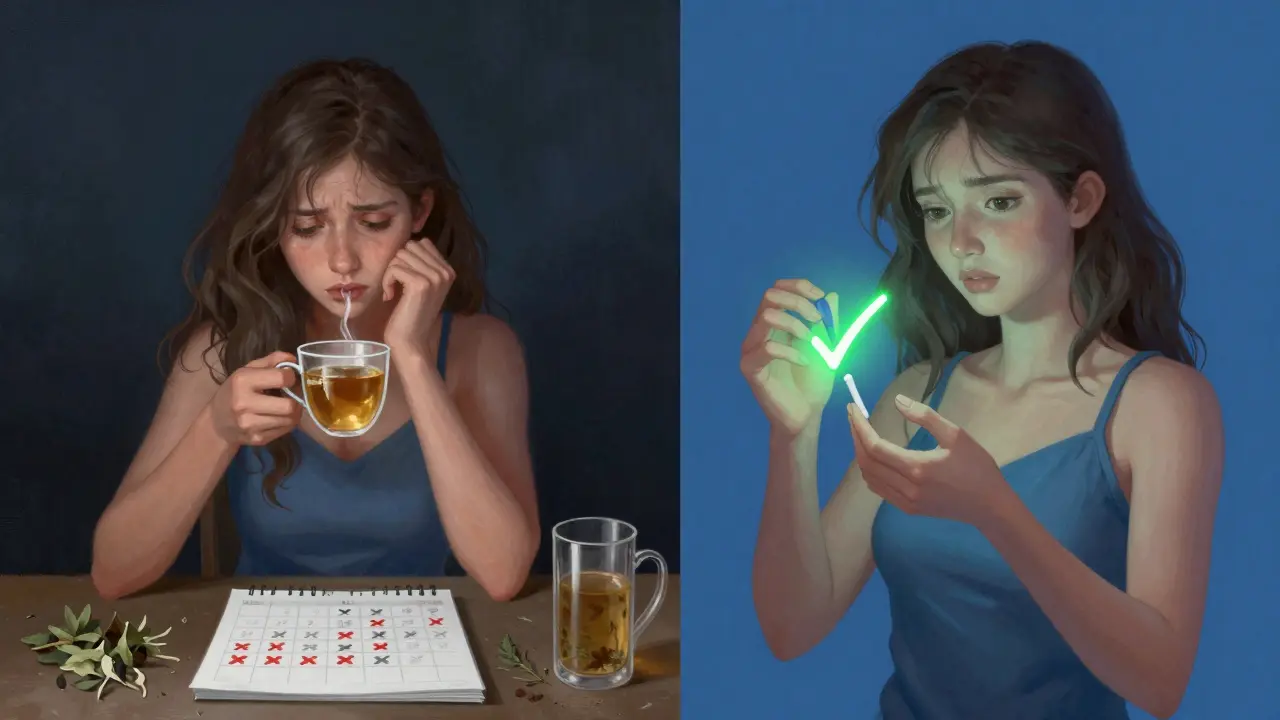 Dvě části obrázku: levá ukazuje nejistotu s bylinkami a cyklem, pravá ukazuje jistotu s hormonální IUD.