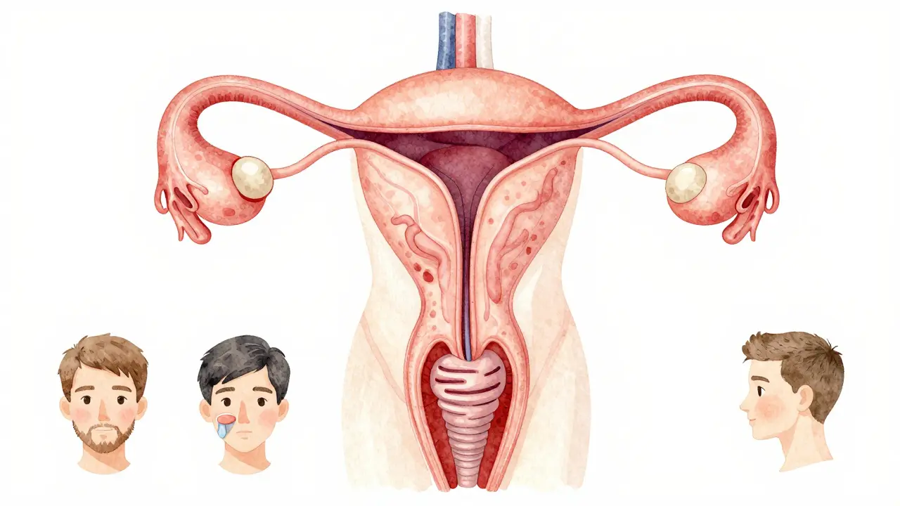 Ilustrovaný diagram mužského pohlavního vývoje s důrazem na varikocelu a pubertální změny.