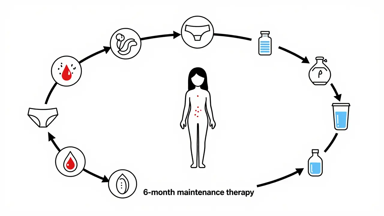 Kruhový diagram znázorňující opakující se infekci a 6měsíční podpůrnou léčbu jako výstup z cyklu.