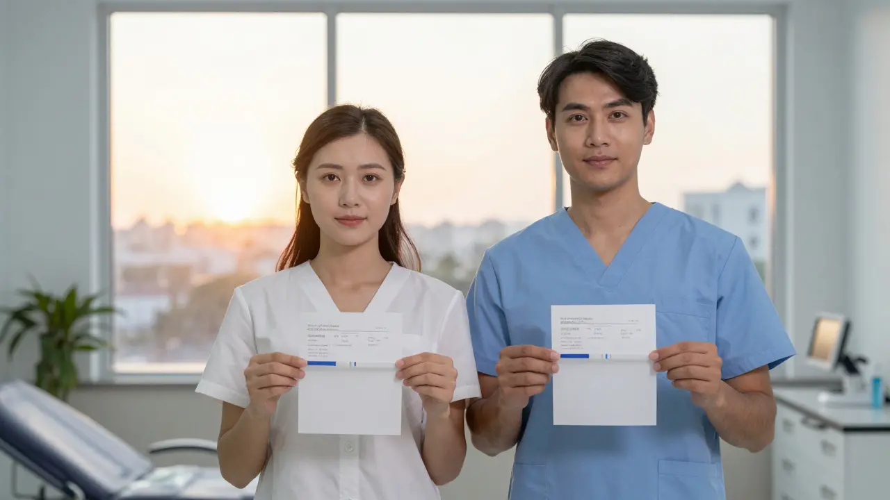 Muž a žena stojí v klinice, drží v rukách výsledky vyšetření, za nimi východ slunce.