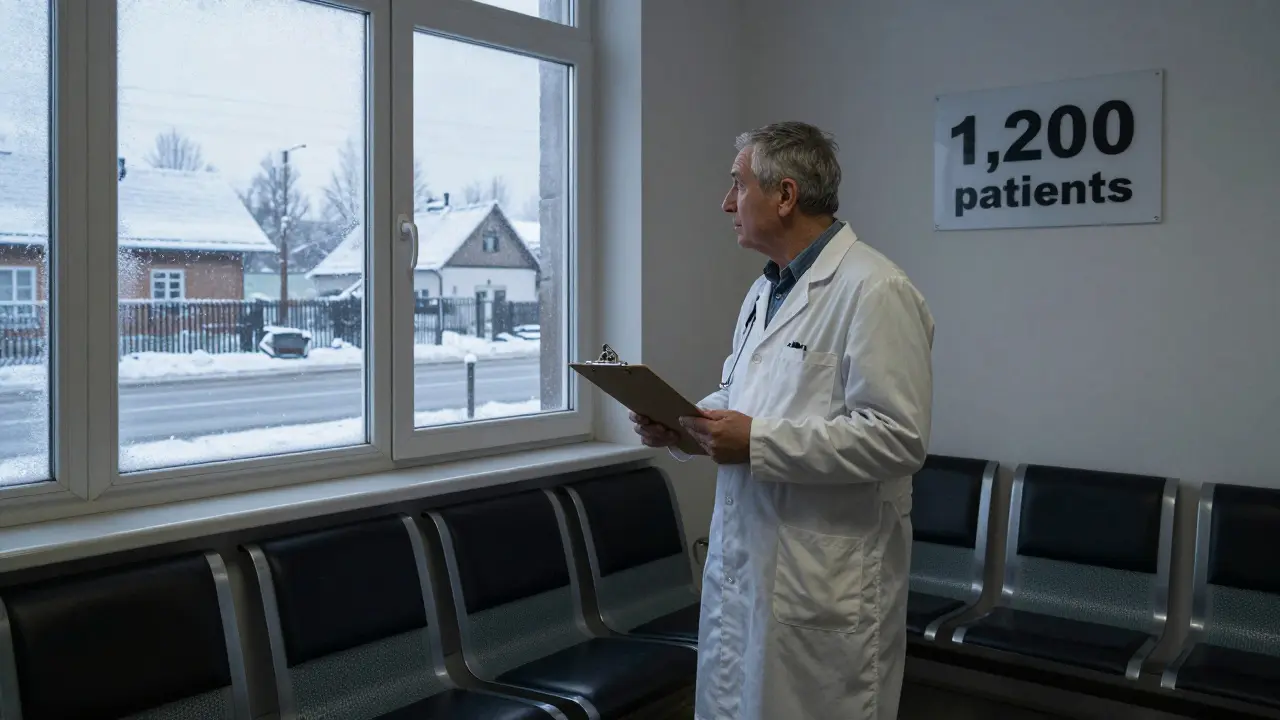 Obvodní lékař v prázdné čekárně ve vesnici, zírá z okna ve větřeném světle.