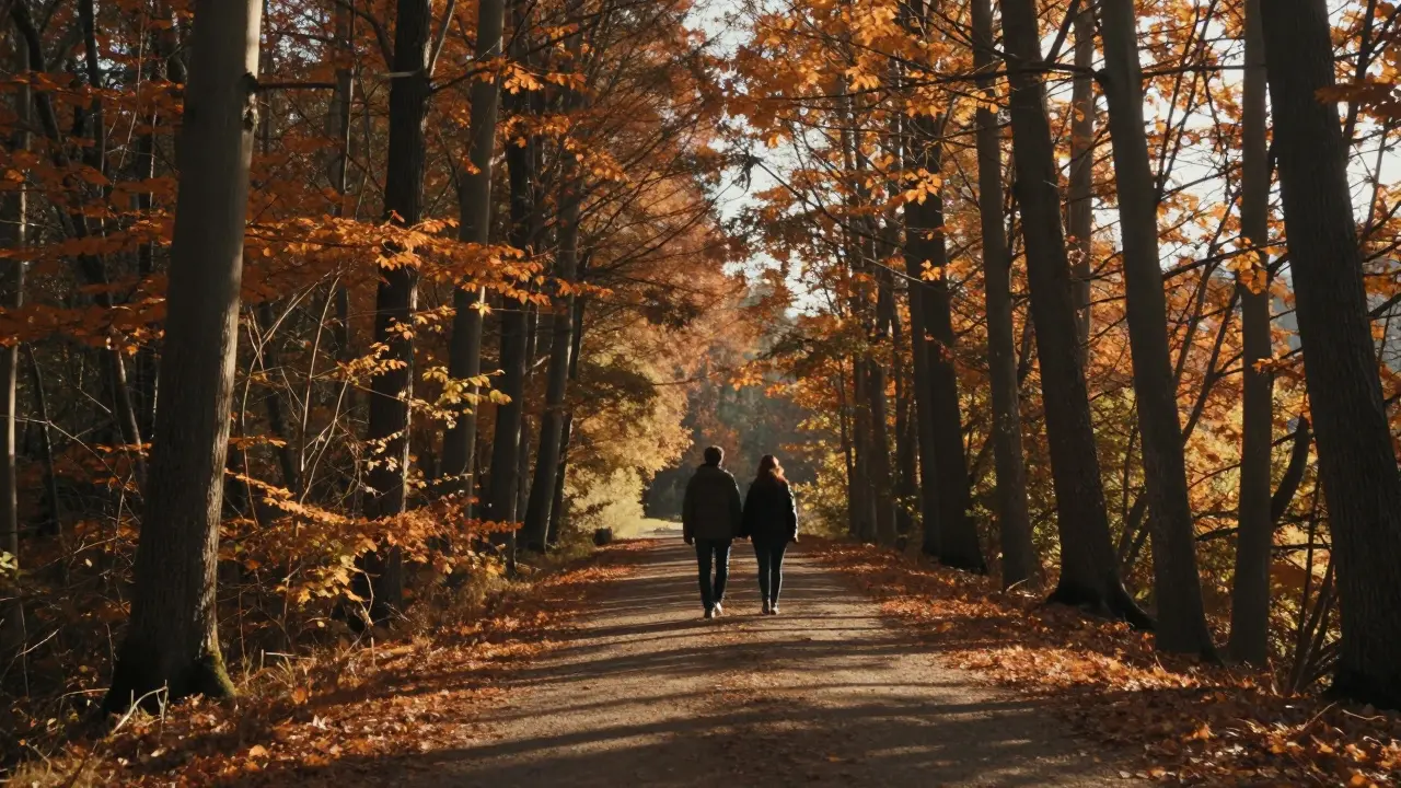 Pár chodí ruku v ruce lesem při západu slunce, klidné prostředí.