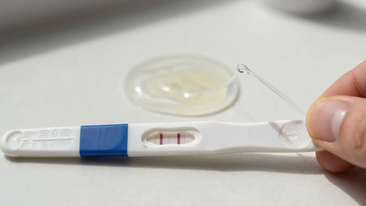 Pozitivní ovulační test a průhledný výděl s elastickou konzistencí.