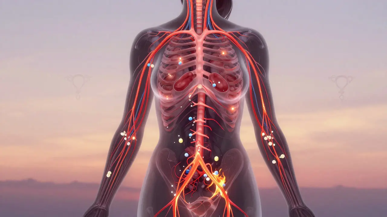 Průhledná ilustrace těla ženy s aktivovaným sympatikem a nestabilními neurotransmitery, symbolizující hormonální příčinu panických útoků.