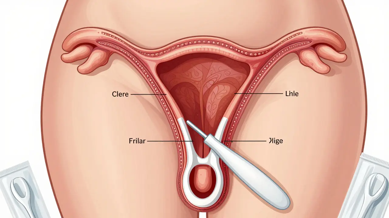 Průřez těla s otevřeným plastovým speculem a viditelným děložním čípkem.