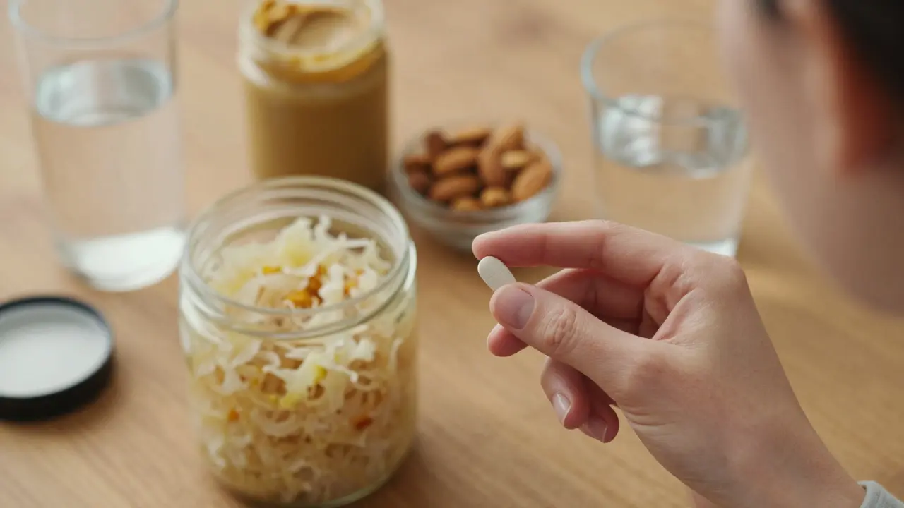 Ruka drží probiotikum vedle kysaného zelí a sklenice vody na dřevěném stole.