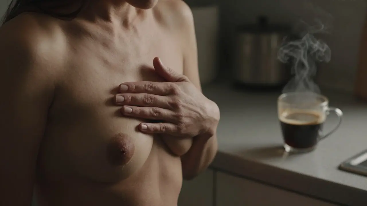 Ruka na prsou s jemným napětím, za ní káva, která vydává páru, zdůrazňující změnu chuťí.